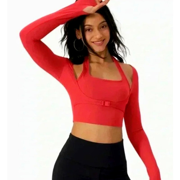 Halara Softlyzero Halter Thumb Hole Red Long Sleeve Cropped Yoga Sports Top, M - Picture 1 of 10